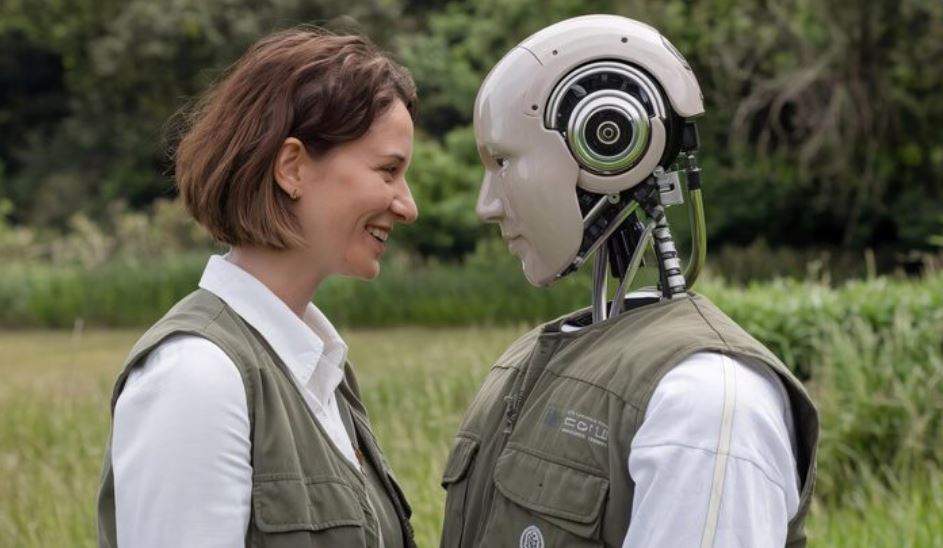 A lady is trying to interact with a newly lunched robot.
