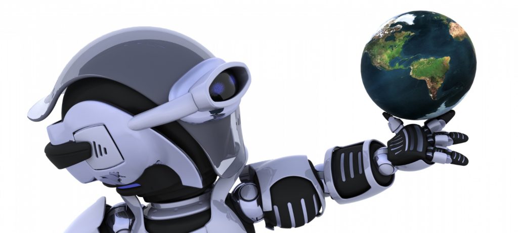 3D humanoid robot holding planet Earth — concept of AI and robots controlling the global economy