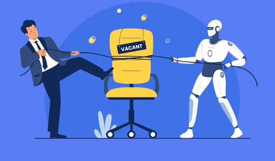 Humanoid robot working at office desk as employees leave with their belongings