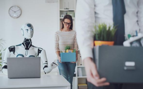 Human and robot fighting over a vacant office chair in job competition